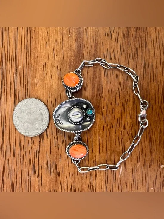 925 Sterling Silver Spiny Oyster Cowboy Hat Bracelet Kingman Turquoise - Picture 10 of 11